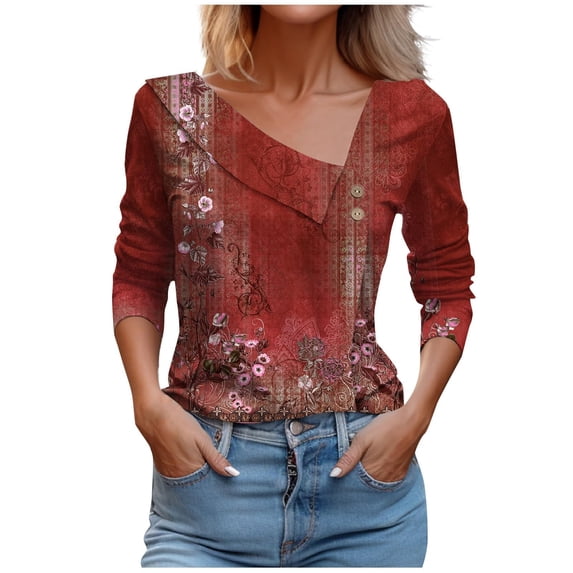 Admvng Womens Summer Tops Neck Casual Printed Button-Up Blouse T-shirt Blouse, Size S-5XL