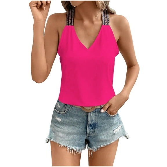 Admvng Womens Summer Tops Solid Color Round Neck Loose Casual Sleeveless Top S-2XL