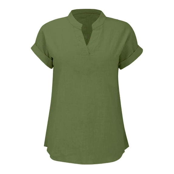 Admvng Womens Summer Tops V-Neck Solid Color Cotton and Linen Short Sleeved Pullover Top S-2XL