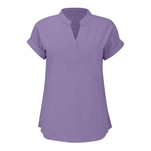 Admvng Womens Summer Tops V-Neck Solid Color Cotton and Linen Short Sleeved Pullover Top S-2XL