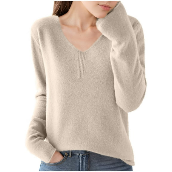 Admvng Womens Sweaters Solid Color Long Sleeved V-neck Knitted Sweater Thin Sweater Top, Size S-2XL