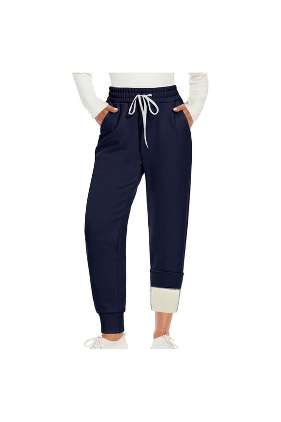 Womens Sweatpants Casual Solid Span Fleece-Lined Long Pants High Waist Warm Pockets Trousers, Size S-2XL