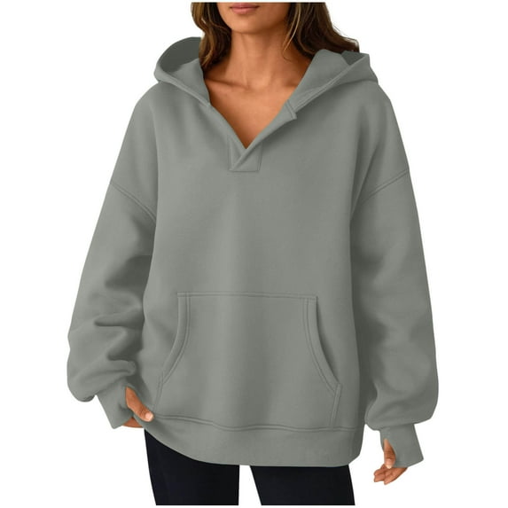 Admvng Womens Sweatshirt Casual Loose Solid Blouses V-Neck Pocket Long Sleeved Hooded, Size S-2XL