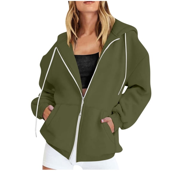 Admvng Womens Sweatshirt Casual Loose Solid Color Pocket Long Sleeved Double Zipper Hooded Sweatshirts Top, Size S-2XL