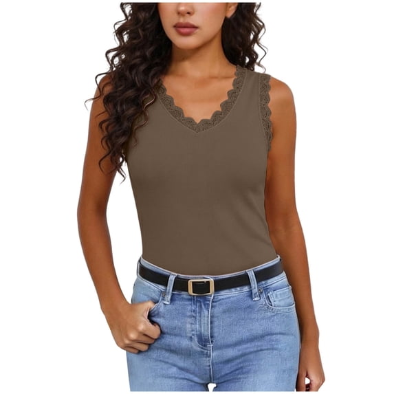 Admvng Womens Tank Top Lace Trim Ribbed V-Neck Sleeveless Casual Layering Camisole