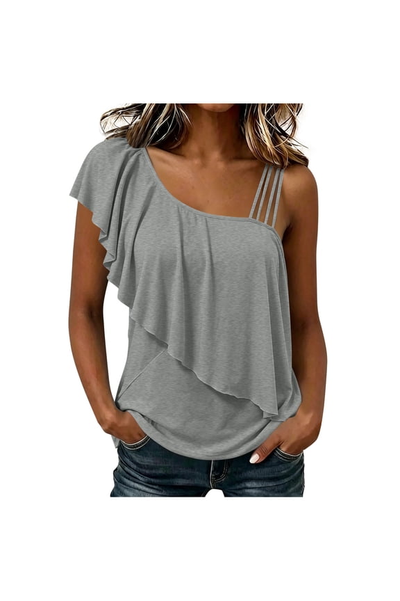 Womens Tank Top One Shoulder Ruffle Spaghetti Strap Asymmetric Layered Flowy Sleeveless Camisole Summer Casual Blouse