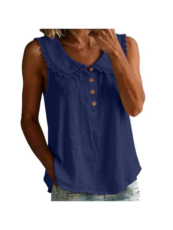 Womens Tank Top Peter Pan Collar Sleeveless Button Textured Casual Summer Cute Camisole Blouse