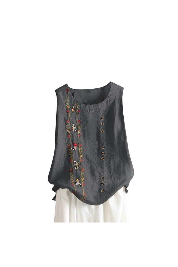 Womens Tank Tops Loose Fit Plus Size Embroidered Button Sleeveless Cotton and Linen Top S-5XL