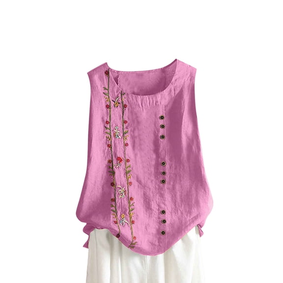 Admvng Womens Tank Tops Loose Fit Plus Size Embroidered Button Sleeveless Cotton and Linen Top S-5XL