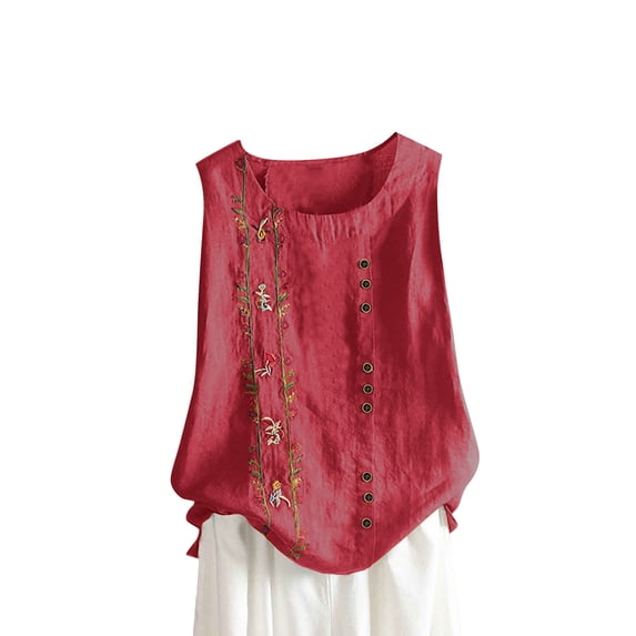 Admvng Womens Tank Tops Loose Fit Plus Size Embroidered Button Sleeveless Cotton and Linen Top S-5XL