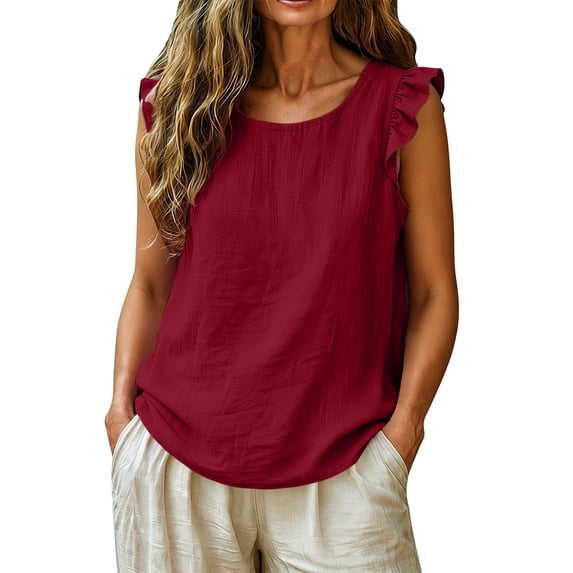 Admvng Womens Tank Tops Plus Size Casual Solid Ruffle Cap Sleeve Round Neck Shirts