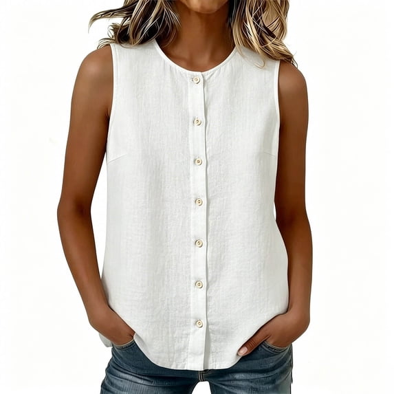 Admvng Womens Tank Tops Round Neck Button Front Sleeveless Lightweight Casual Shirts
