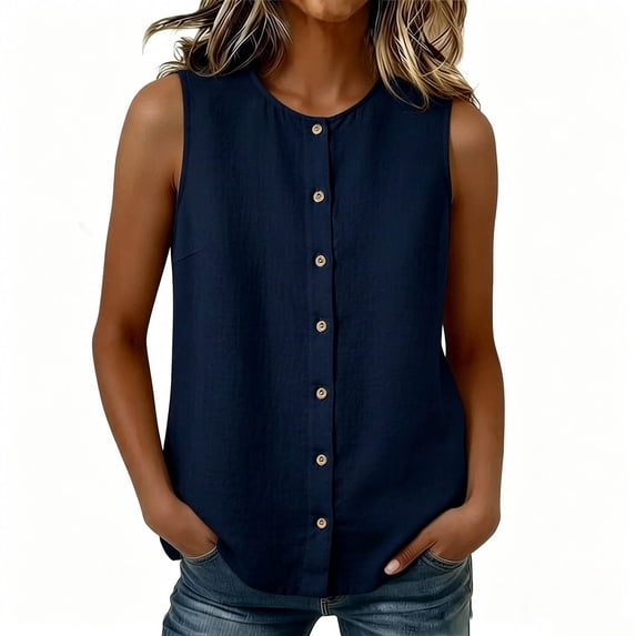 Admvng Womens Tank Tops Round Neck Button Front Sleeveless Lightweight Casual Shirts