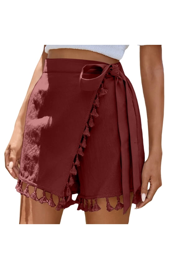 Womens Tassel Trim Wrap Skort Tie Waist with Casual Vacation Boho Style Shorts