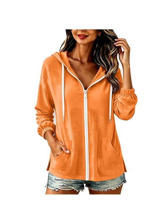 Womens Textured Hoodie Jacket Knit Zip Up Long Sleeve Elastic Cuff Lightweight Hooded Cardigan with Pockets