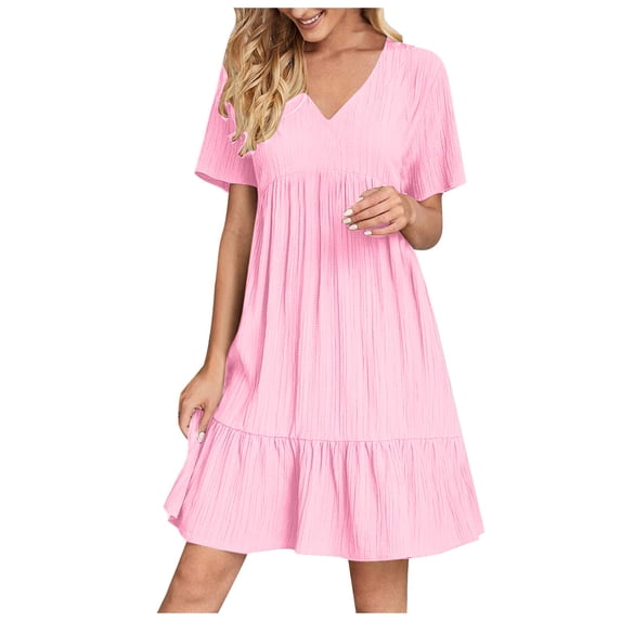 Admvng Womens Tiered Dress Short Sleeve V Neck Summer Vacation A-Line Tunic Dress