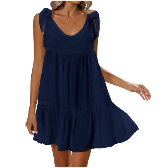 Admvng Womens Tiered Mini Dress Sleeveless V Neck Tie-Shoulder Straps Ruffled Hem Summer Vacation Dress