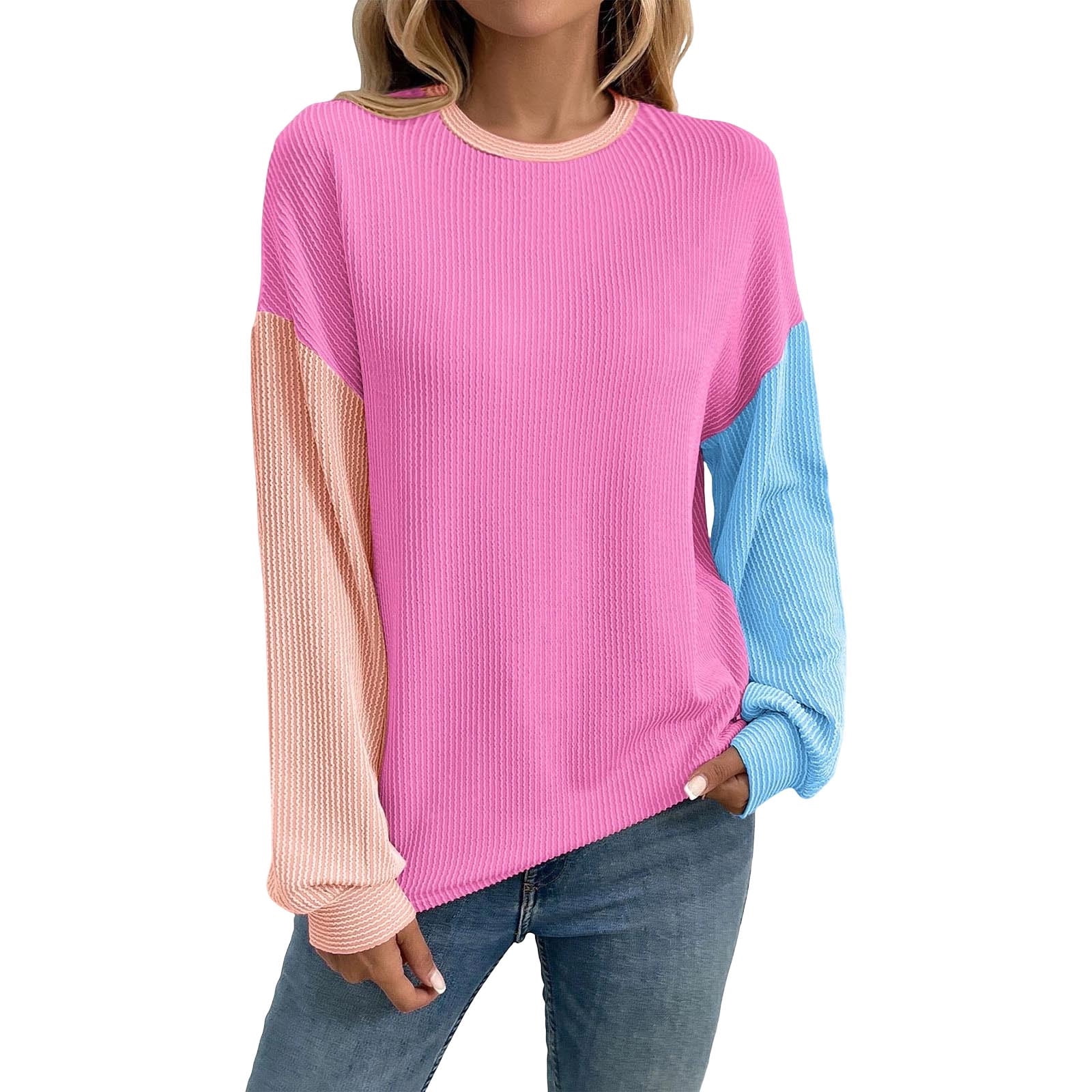 Admvng Womens Top Long Sleeve Color Block Comfy Casual Vacation Daily ...