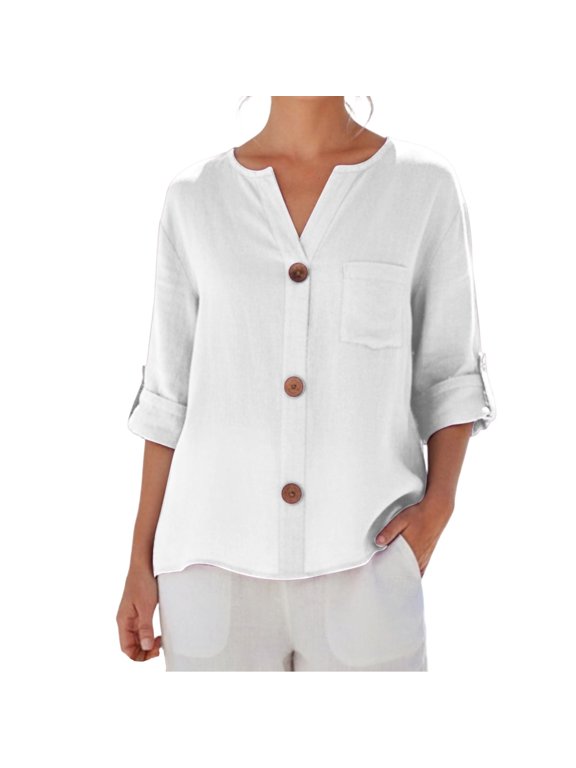 Womens Top Split V Neck 3/4 Sleeve Pocket BlouseSolid Color Lightweight Casual Summer Shirt
