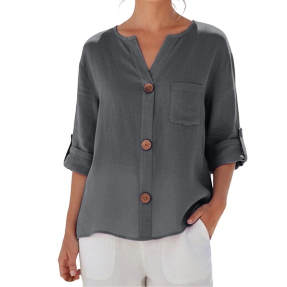 Admvng Womens Top Split V Neck 3/4 Sleeve Pocket BlouseSolid Color Lightweight Casual Summer Shirt