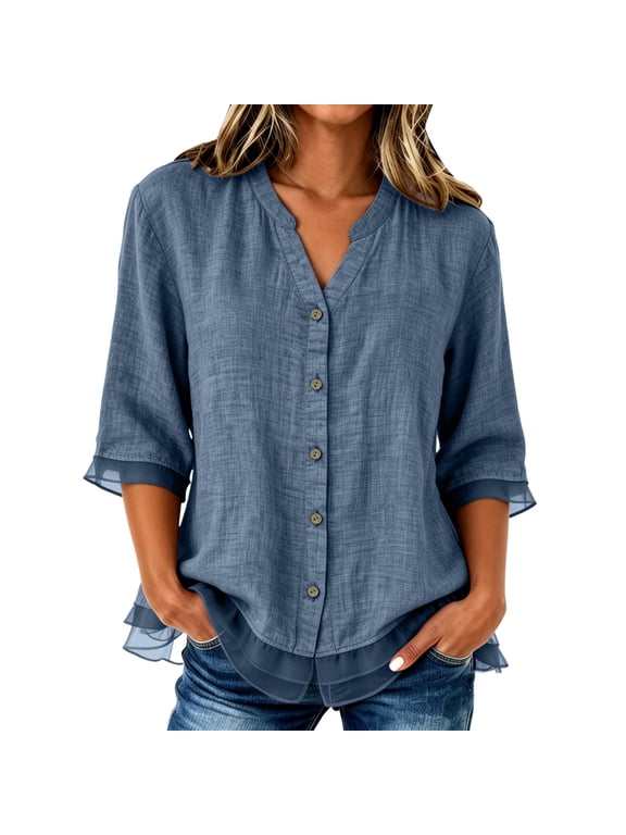 Womens Tops 3/4 Sleeve Double Layer Chiffon Hem Casual Summer Shirt Blouse