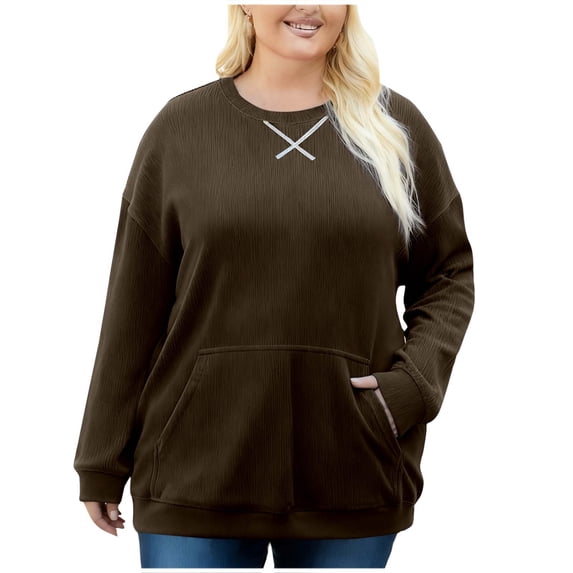 Luvrsol Womens Tops Casual Plus Pocket Corduroy Round Neck Long Sleeved Top Oversized Pullover, Size L-4XL