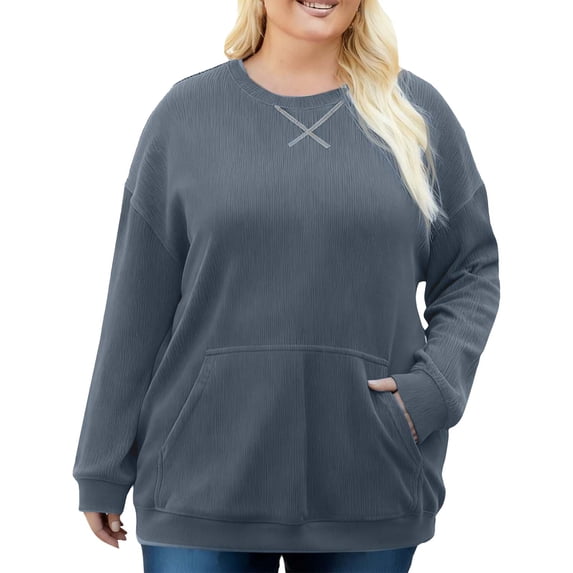 Luvrsol Womens Tops Casual Plus Pocket Corduroy Round Neck Long Sleeved Top Oversized Pullover, Size L-4XL