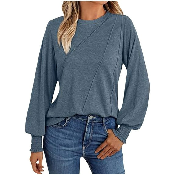 Admvng Womens Tops Casual Solid Color Round Neck Long Sleeved Blouses Shirts Top, Size S-2XL