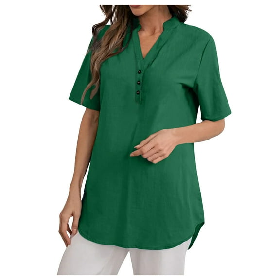 Admvng Womens Tops Fashion Summer V-neck Button Solid Color Casual Loose Curved Hem Short Sleeved Tunic Tops S-3XL