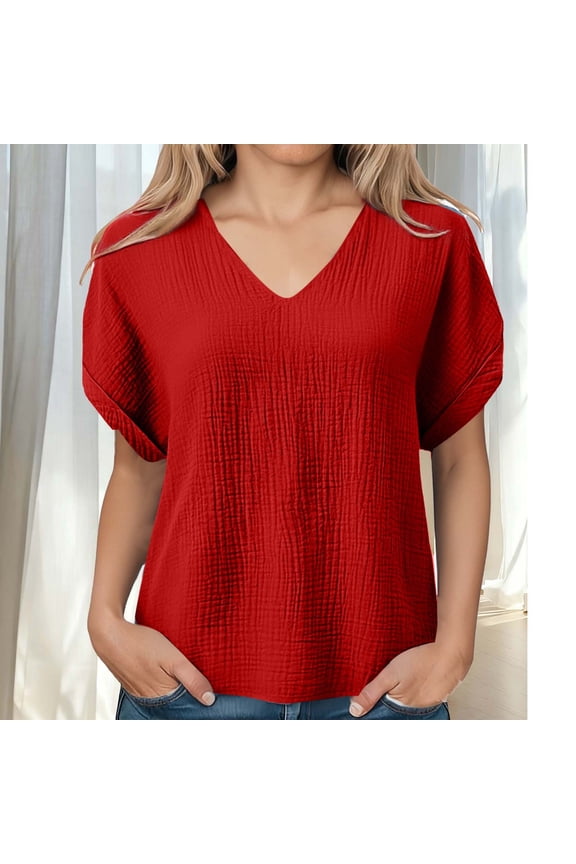 Womens Tops Fashionable Loose And Comfortable Short Sleeved V-neck Double-layer Wrinkled Solid Color Top Casual T-shirt S-2XL