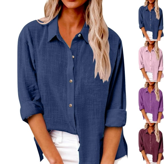 Admvng Womens Tops Long Sleeve Casual Blouses Button Up Collared Shirts Tops S-5XL