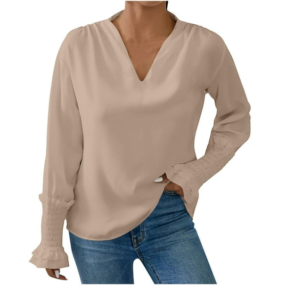 Admvng Womens Tops Long Sleeve V-neck Solid Color Puff Sleeve Fall Flowy Commuting Pullover Going Out Tops for Women S-2XL