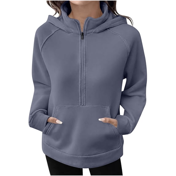 Admvng Womens Tops Loose Long Sleeve Solid Shirt Tops with Pocket Zip Stand Up Hoodie Blouse, Size S-2XL