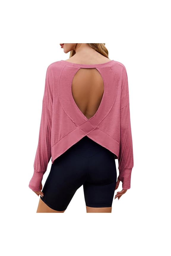 Womens Tops Open Back Yoga Long Sleeve Cross Wrap Workout Gym Shirts with Thumb Holes