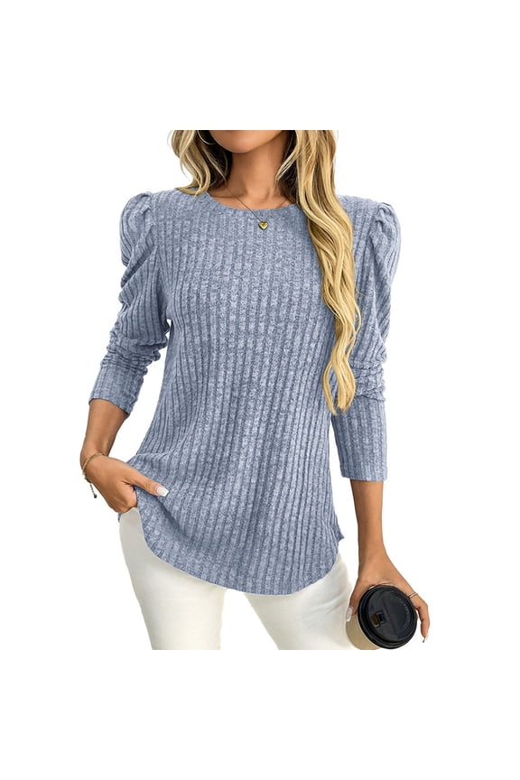 Admvng Womens Tops Round Neck Puffed Sleeve Brushed Ribbed Solid Color Long Sleeved,Sizes S-2XL