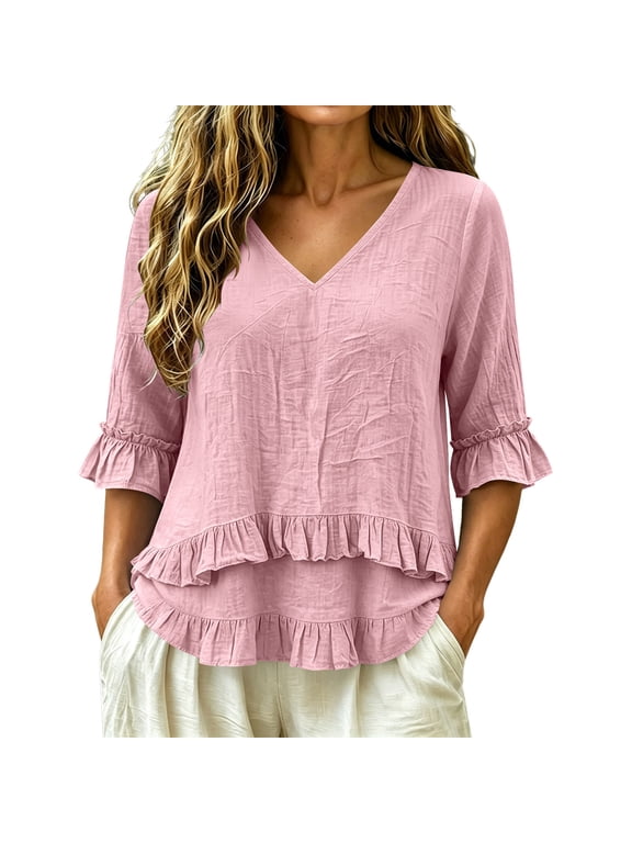 Womens Tops Soft V Neck 3/4 Sleeve Ruffle Hem Everyday Outdoor Cute Blouses
