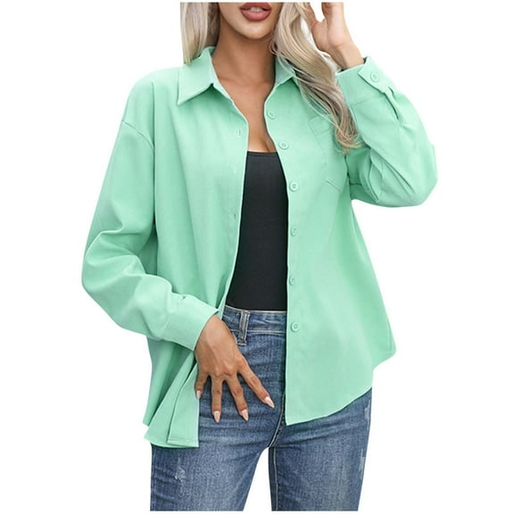 Admvng Womens Tops Solid Color Long Sleeved Cotton Casual Button Down Shirts S-2XL
