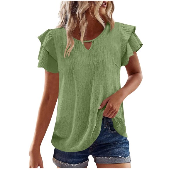 Admvng Womens Tops Spring And Summer Round Neck Casual Mid Pleated Ruffle Sleeves Top S-2XL