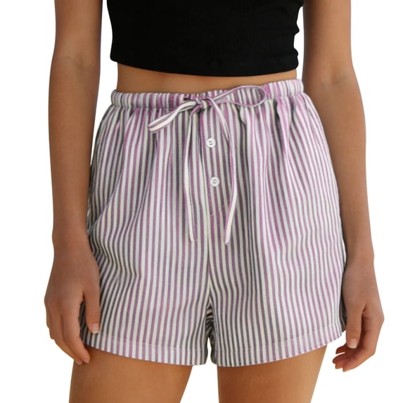 Admvng Womens Vertical Striped Shorts Drawstring Waist Button Detail Casual Loungewear Shorts
