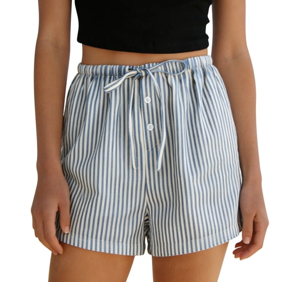 Admvng Womens Vertical Striped Shorts Drawstring Waist Button Detail Casual Loungewear Shorts