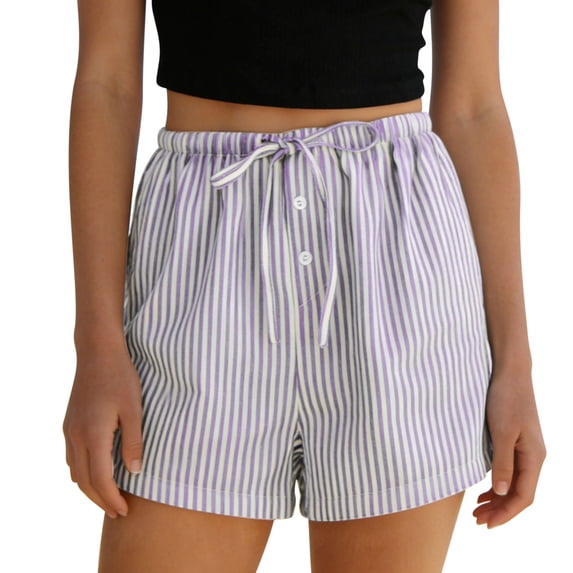 Admvng Womens Vertical Striped Shorts Drawstring Waist Button Detail Casual Loungewear Shorts