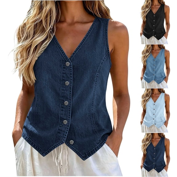 Admvng Womens Vest Casual Sleeveless Denim V-neck Button Jacket Top