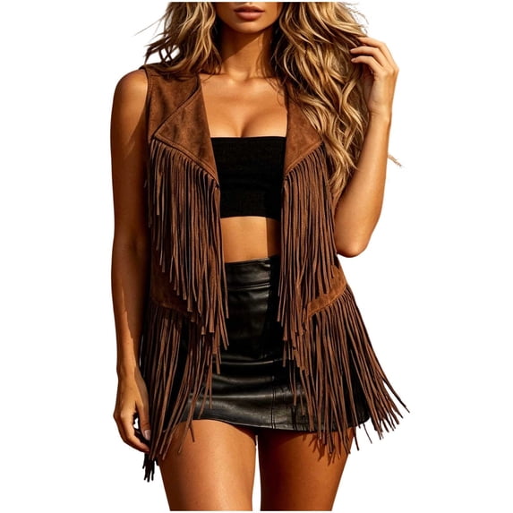 Admvng Womens Vest Open Front Faux Suede Fringe Cowboy Western Style Cropped Sleeveless Plus Size Party Layering Gilet