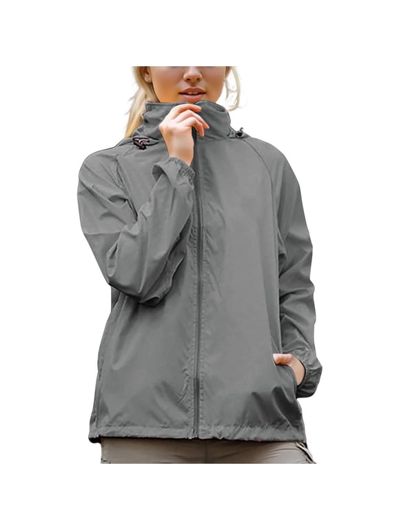 Womens Windproof Rain Jacket Lightweight Stand Collar Pocket Outdoor Hiking Travel Windbreaker Coat