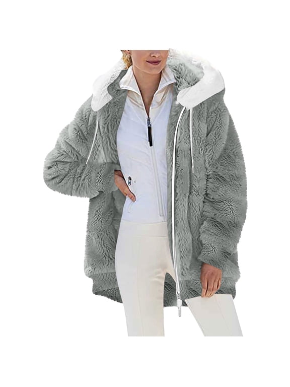 Womens Winter Coats Solid Color Zipper Pocket Hooded Ear Loose Jacket Long Sleeved Hooded Casual Winter Coats for Women S-2XL