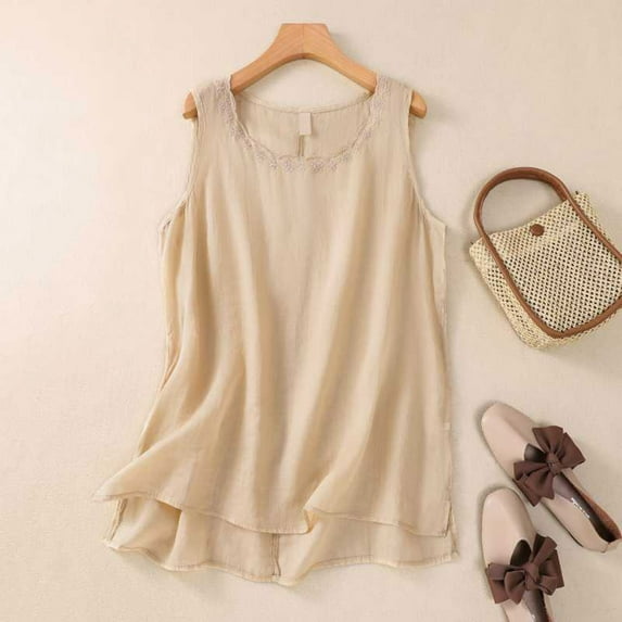 Admvng Workout Tank Tops for Woman Summer Loose Round Neck Solid Color and Linen Short Sleeve Shirt Loose Slim Top Round Neck Top Shirt M-3XL