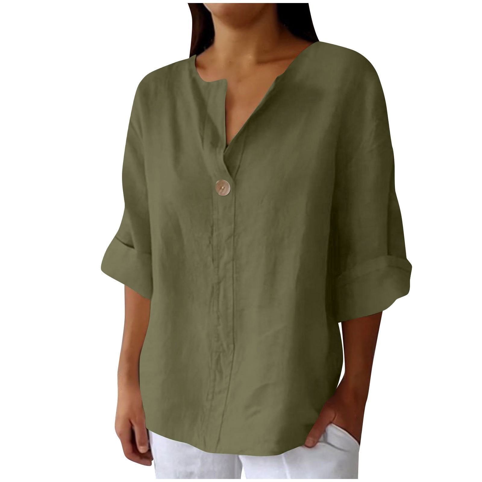 Womens Solid-Color Short-Sleeve V-Neck Single-Breasted Waist-Cinching Top