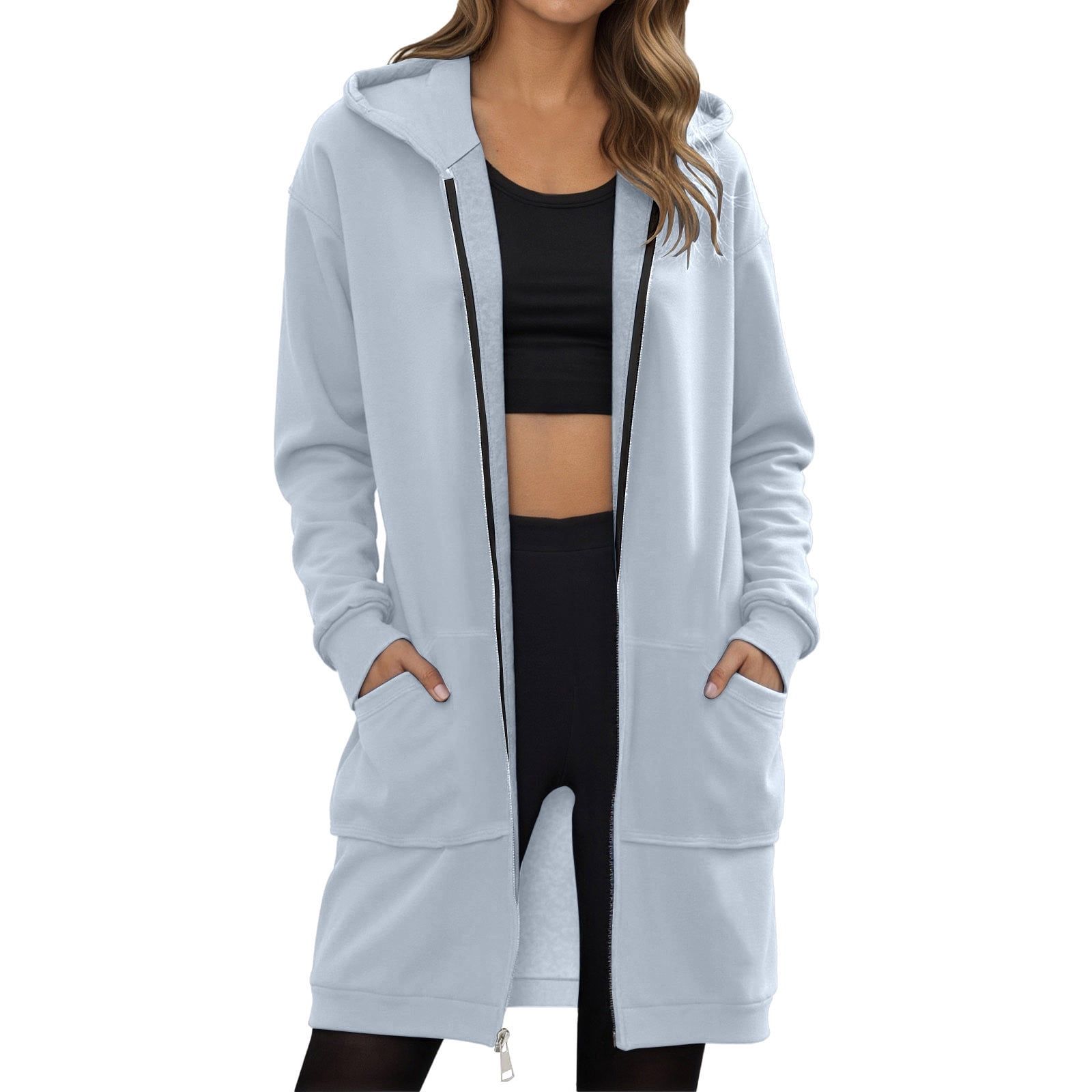 Admvng Zip Up Hoodie Women Solid Long Sleeves Casual Zipper Hooded ...