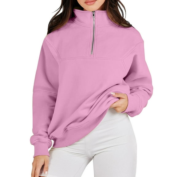 Admvng Zip Up Sweatshirt Women Solid Color Stand Collar New Long Sleeve Loose Large Size Casual Half Zip Pullover Winter Clothing for Women S-2XL