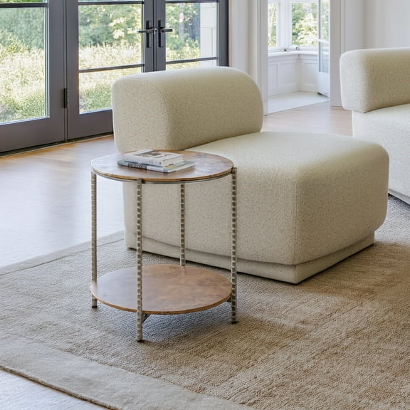 Adna Side Table Brown End Table, Modern Style, Burl Veneer MDF round shape tabletop, Steel, Indoor Living